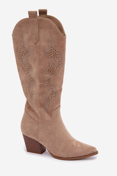 Women's Cowboy Boots with Embellishment Heel Block Beige Greyla 2