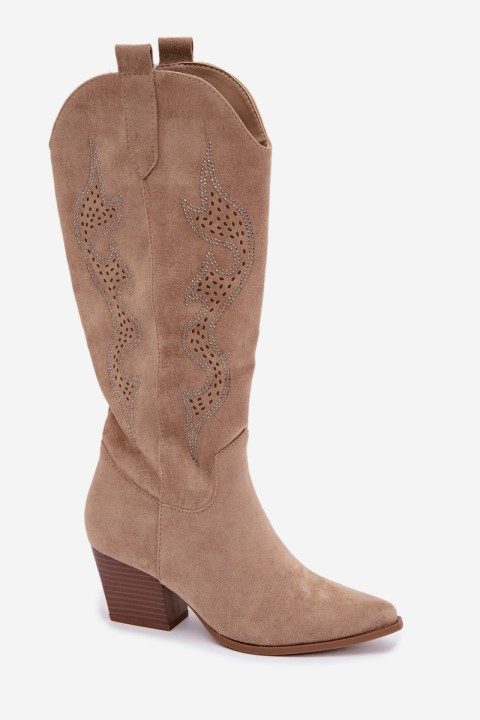 Women's Cowboy Boots with Embellishment Heel Block Beige Greyla