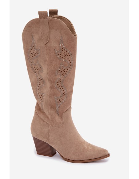 Women's Cowboy Boots with Embellishment Heel Block Beige Greyla