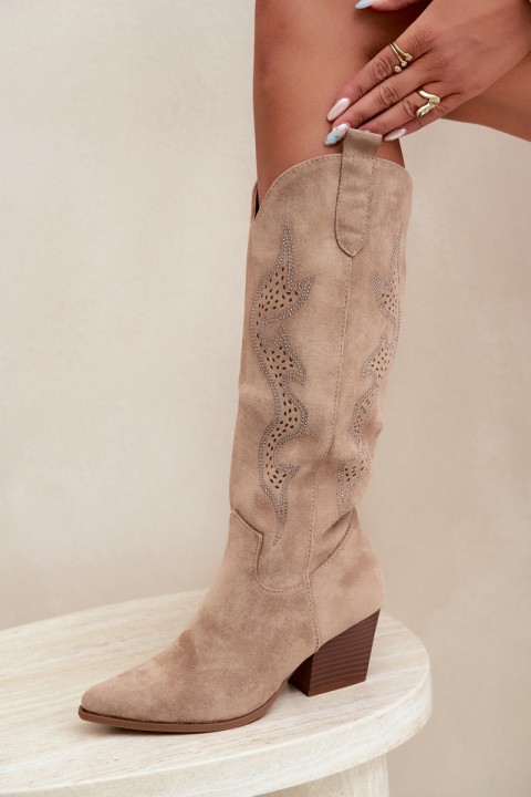Women's Cowboy Boots with Embellishment Heel Block Beige Greyla