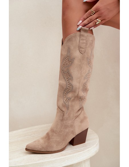 Women's Cowboy Boots with Embellishment Heel Block Beige Greyla