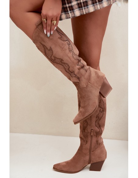 Women's Cowboy Boots with Embellishment Block Heel Camel Greyla