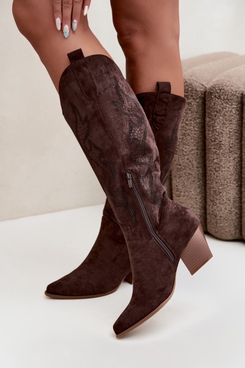 Women's Cowgirl Boots With Embellishment Block Heel Czekoladowe Greyla