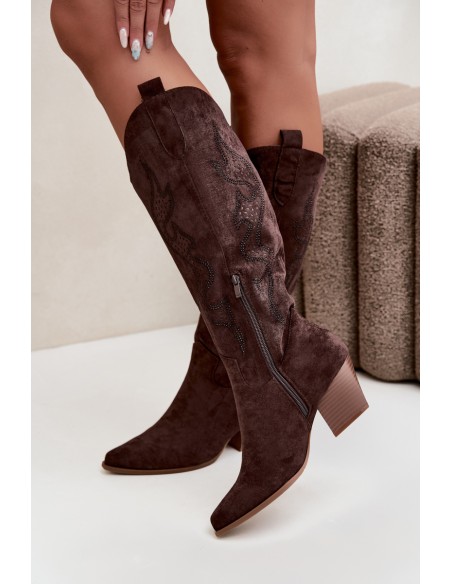 Women's Cowgirl Boots With Embellishment Block Heel Czekoladowe Greyla