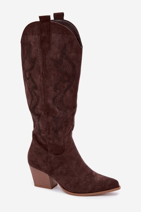 Women's Cowgirl Boots With Embellishment Block Heel Czekoladowe Greyla