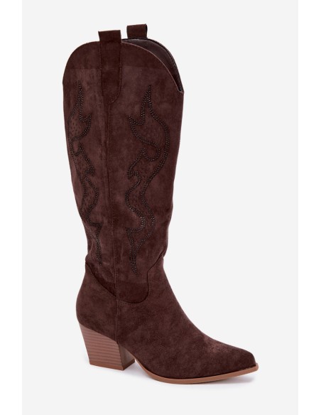 Women's Cowgirl Boots With Embellishment Block Heel Czekoladowe Greyla