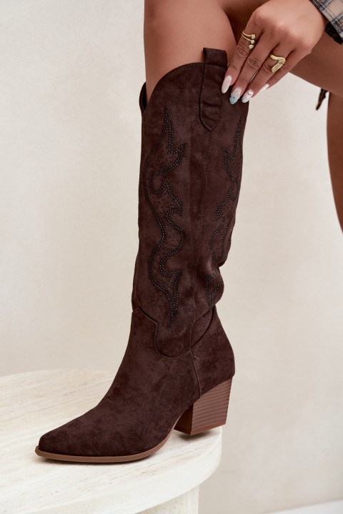 Women's Cowgirl Boots With Embellishment Block Heel Czekoladowe Greyla