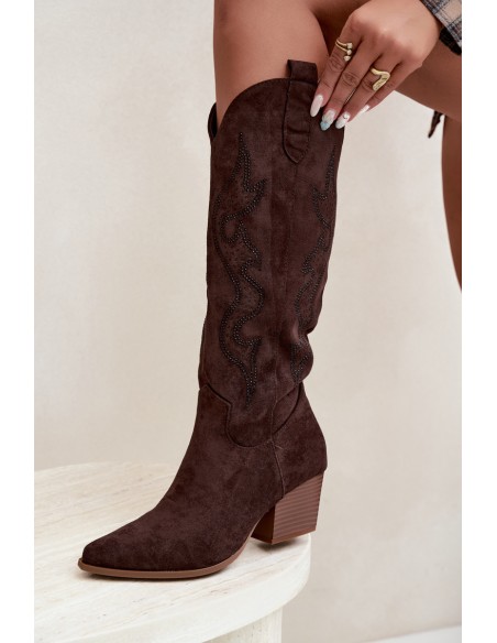 Women's Cowgirl Boots With Embellishment Block Heel Czekoladowe Greyla