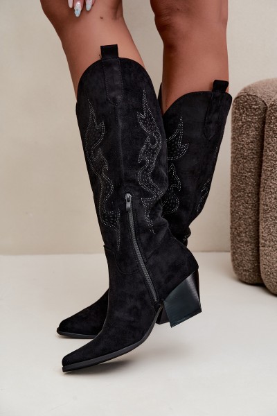 Women's Cowboy Boots With Embellishment Block Heel Black Greyla