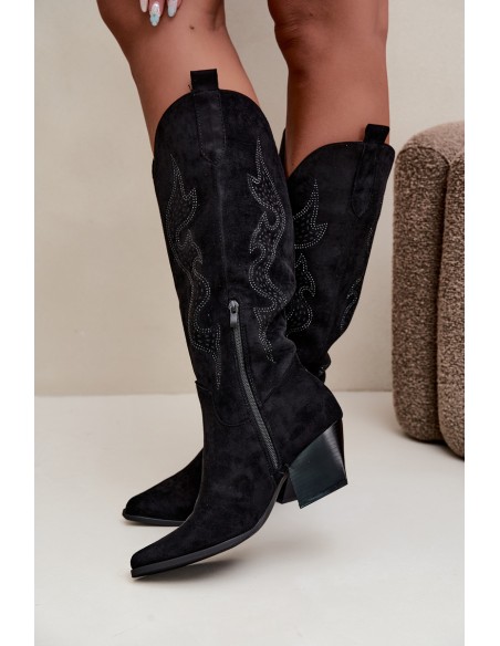 Women's Cowboy Boots With Embellishment Block Heel Black Greyla