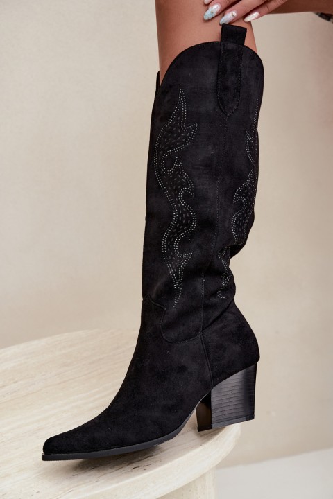 Women's Cowboy Boots With Embellishment Block Heel Black Greyla