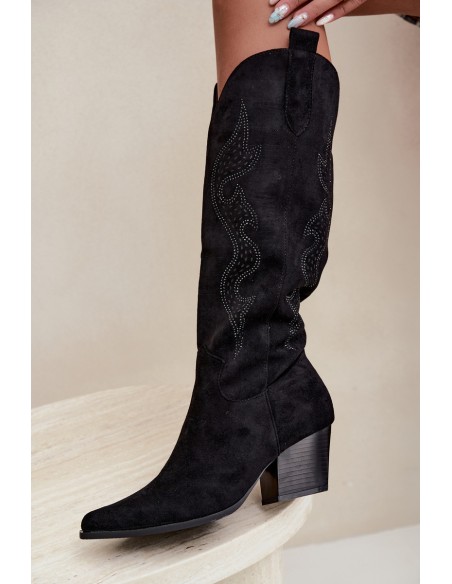 Women's Cowboy Boots With Embellishment Block Heel Black Greyla