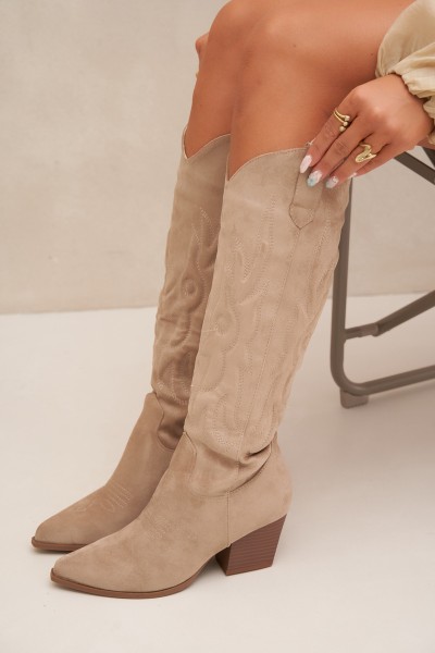 Women's Beige Cowboy Boots With Heel Glenor
