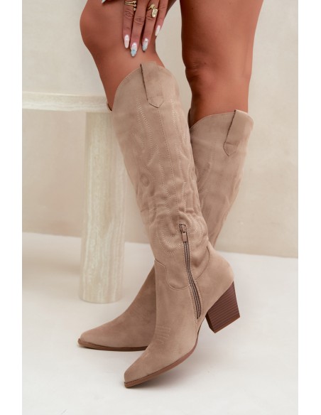Women's Beige Cowboy Boots With Heel Glenor