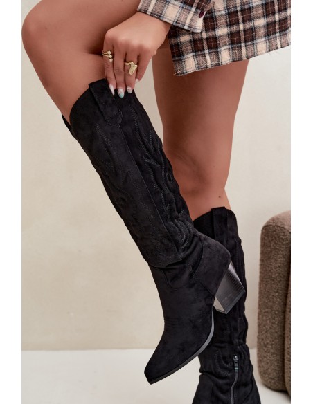 Women's Black High Heel Cowboy Boots Glenor