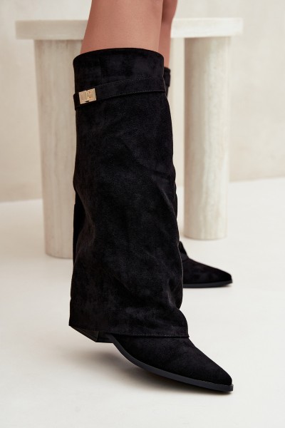 Women's Boots With Turned-Up Shaft Low Heel Eco Suede Black Gisellea