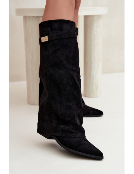 Women's Boots With Turned-Up Shaft Low Heel Eco Suede Black Gisellea