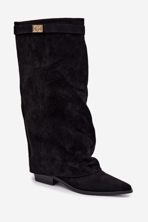 Women's Boots With Turned-Up Shaft Low Heel Eco Suede Black Gisellea