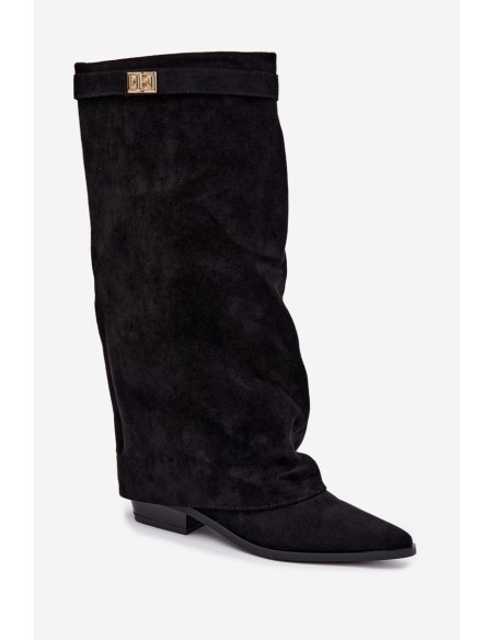 Women's Boots With Turned-Up Shaft Low Heel Eco Suede Black Gisellea