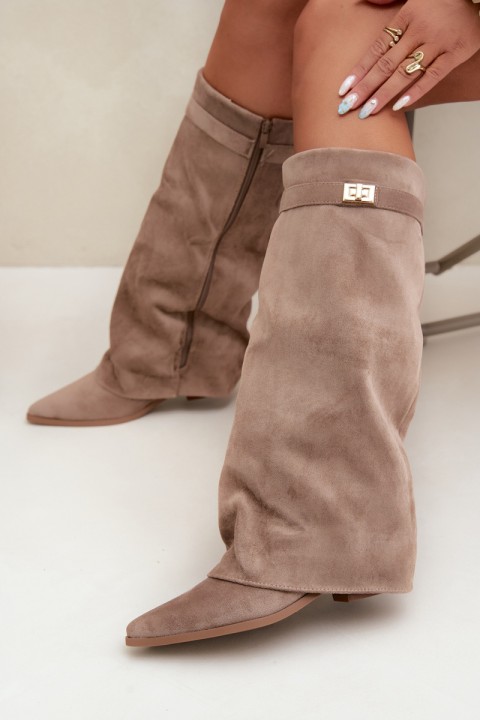 Women's Boots With Turned Cuff On Low Heel Eco Suede Dark Beige Gisellea