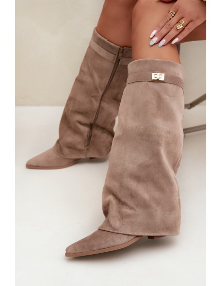 Women's Boots With Turned Cuff On Low Heel Eco Suede Dark Beige Gisellea