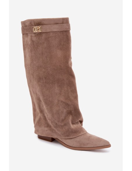 Women's Boots With Turned Cuff On Low Heel Eco Suede Dark Beige Gisellea