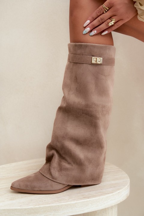 Women's Boots With Turned Cuff On Low Heel Eco Suede Dark Beige Gisellea