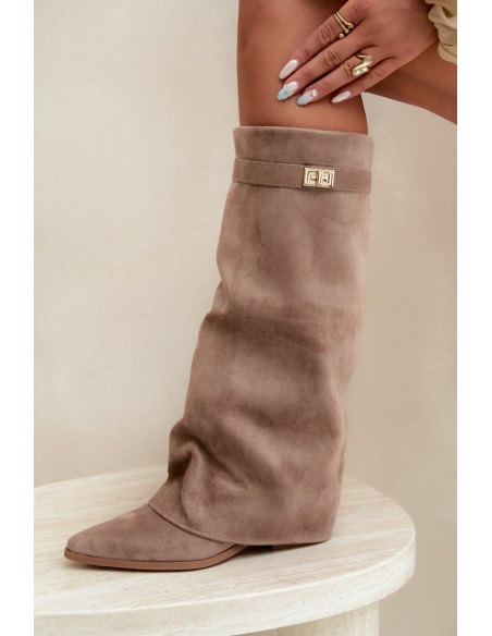 Women's Boots With Turned Cuff On Low Heel Eco Suede Dark Beige Gisellea