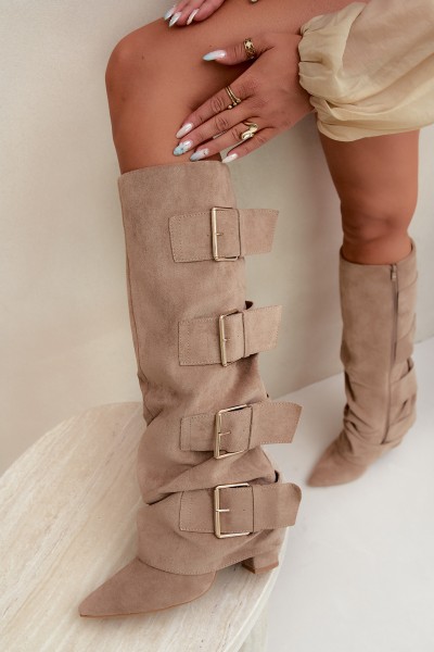 Women's Block Heel Boots With Turned-Up Shaft and Gold Buckles Eco Suede Khaki Isavelle