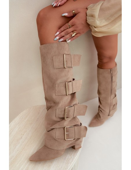 Women's Block Heel Boots With Turned-Up Shaft and Gold Buckles Eco Suede Khaki Isavelle