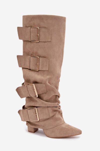 Women's Block Heel Boots With Turned-Up Shaft and Gold Buckles Eco Suede Khaki Isavelle 2
