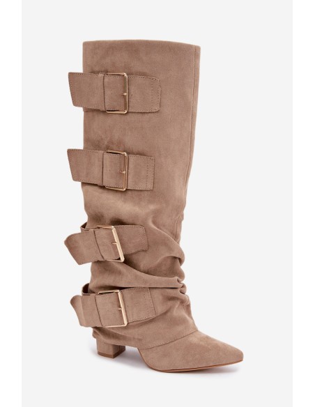 Women's Block Heel Boots With Turned-Up Shaft and Gold Buckles Eco Suede Khaki Isavelle