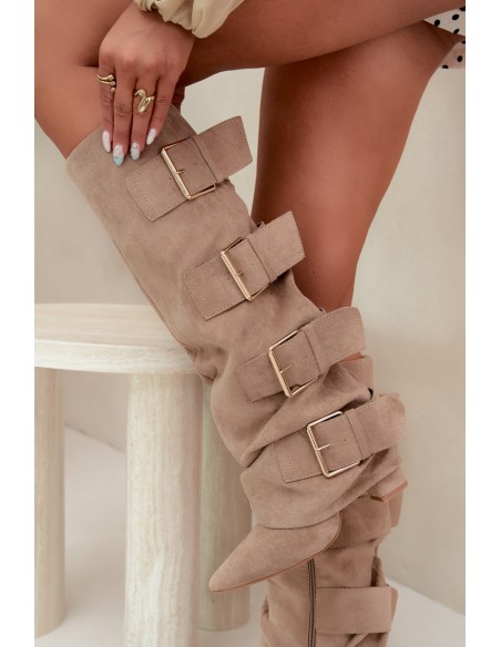 Women's Block Heel Boots With Turned-Up Shaft and Gold Buckles Eco Suede Khaki Isavelle