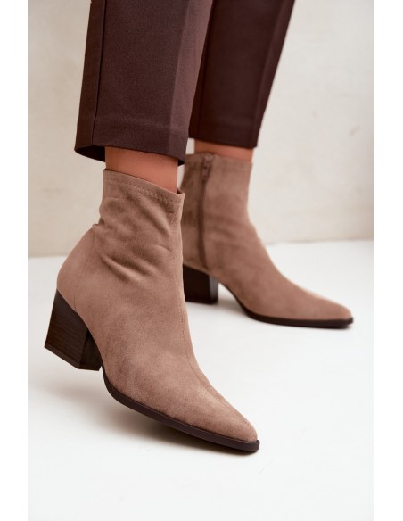 Women's Ankle Boots With Sloped Block Heel And Zipper Dark Beige Atina