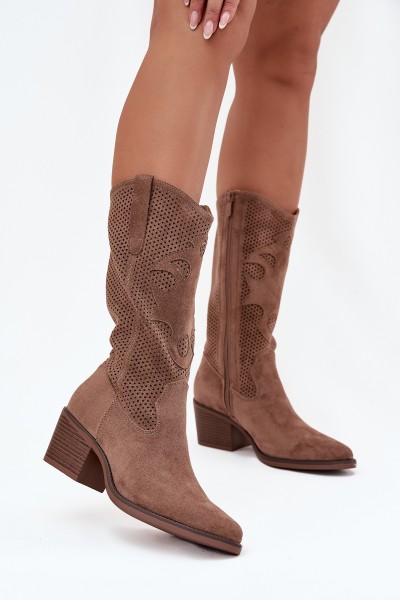 Openwork Cowboy Boots Women's Heeled Dark Beige Olivette