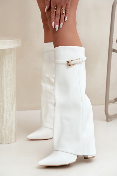 Wedge Heel Boots with Curved Shaft and Buckle White Amrie