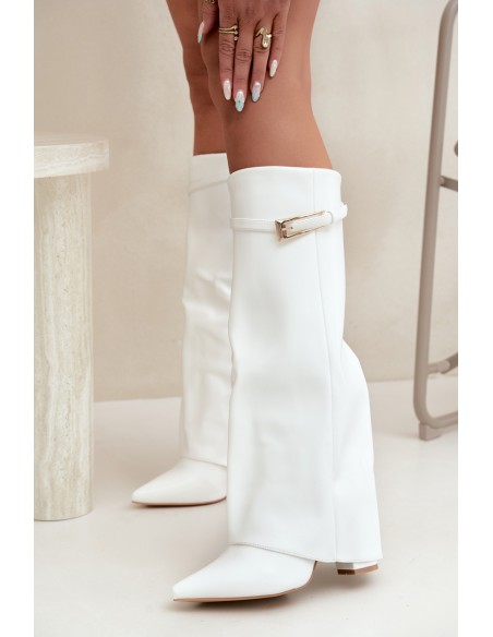 Wedge Heel Boots with Curved Shaft and Buckle White Amrie