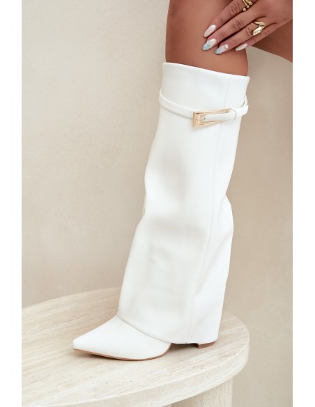 Wedge Heel Boots with Curved Shaft and Buckle White Amrie