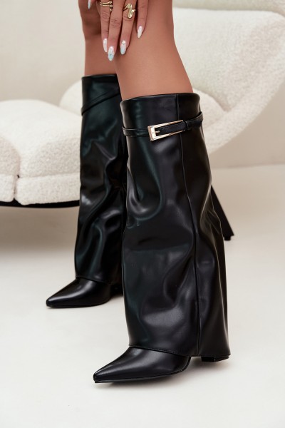 Black Block Heel Boots with Curved Shaft and Buckle Amrie