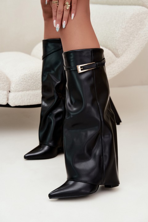 Black Block Heel Boots with Curved Shaft and Buckle Amrie