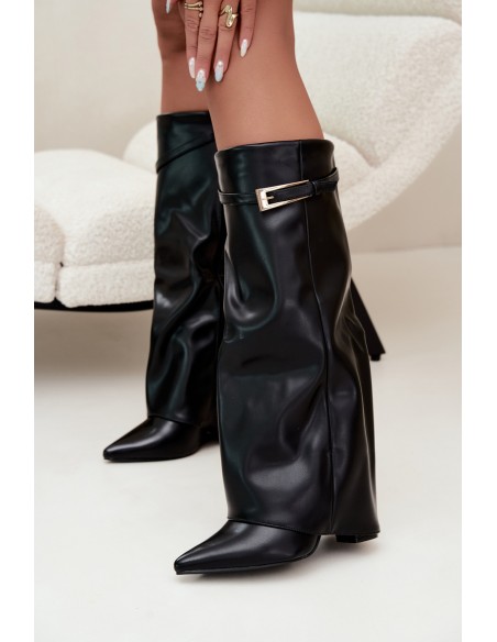 Black Block Heel Boots with Curved Shaft and Buckle Amrie