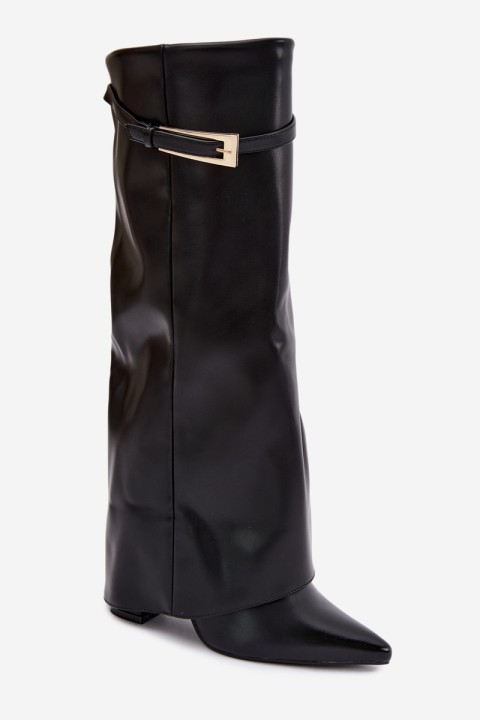 Black Block Heel Boots with Curved Shaft and Buckle Amrie