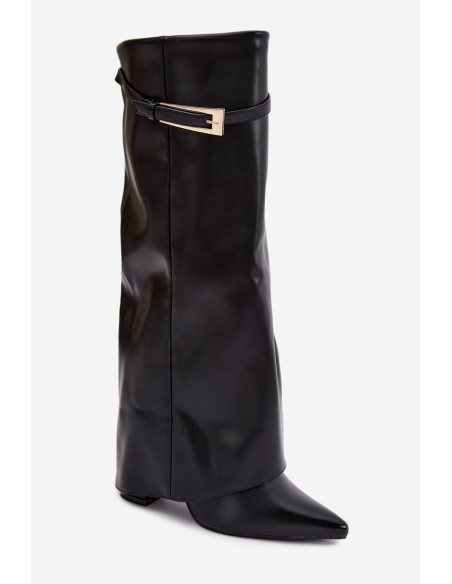 Black Block Heel Boots with Curved Shaft and Buckle Amrie