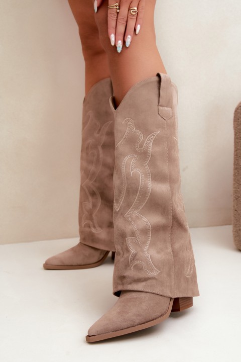 Knee-High Cowboy Boots with Block Heel and Turned Shaft Khaki Irella