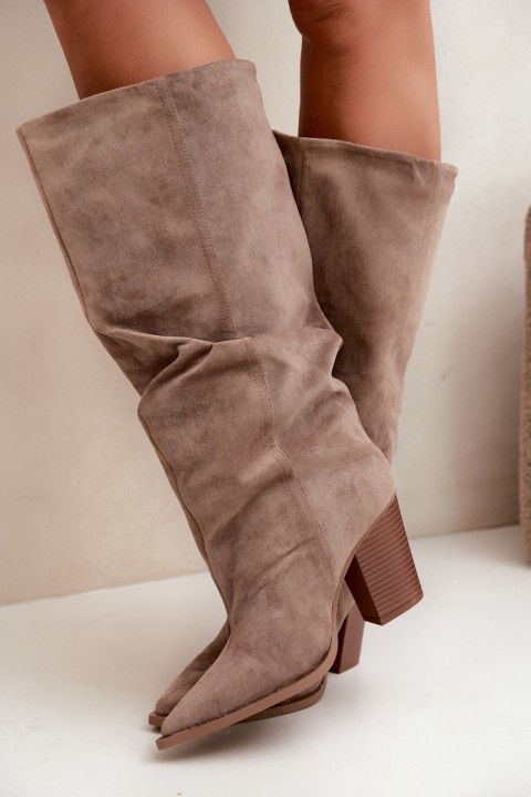 Khaki Slip-On Block Heel Boots with Ruching Jensy