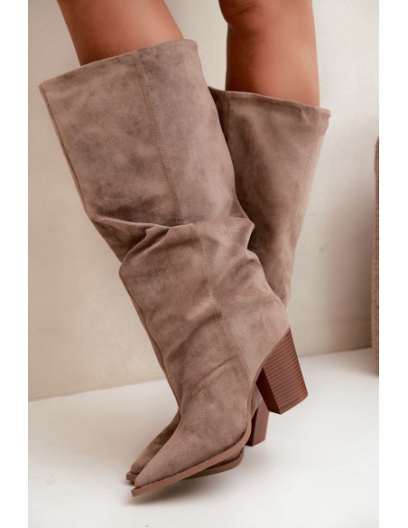 Khaki Slip-On Block Heel Boots with Ruching Jensy