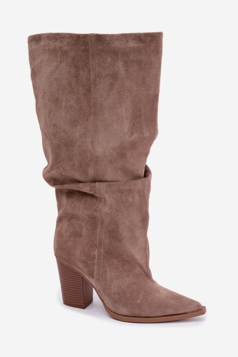Khaki Slip-On Block Heel Boots with Ruching Jensy