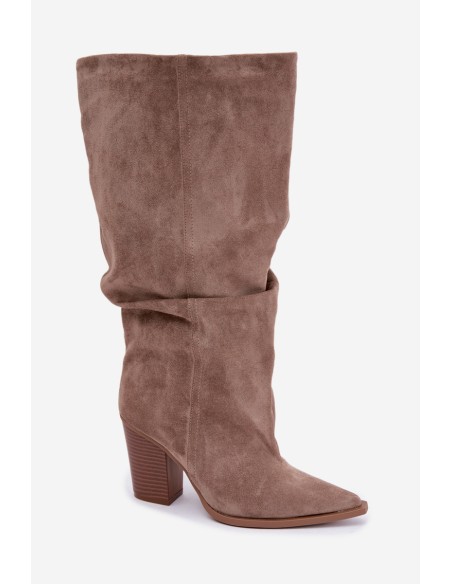 Khaki Slip-On Block Heel Boots with Ruching Jensy