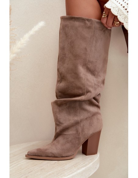 Khaki Slip-On Block Heel Boots with Ruching Jensy