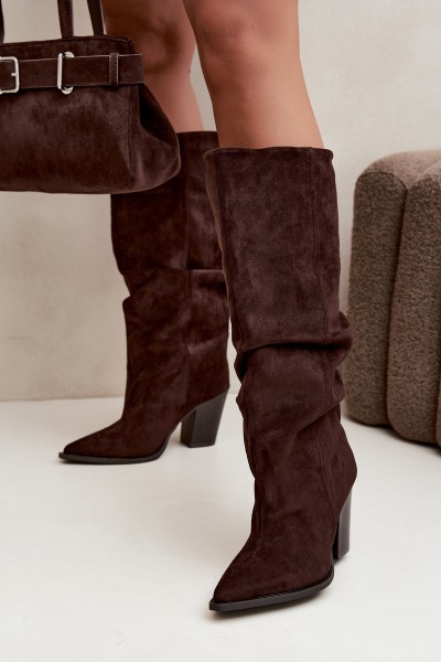 Chocolate Brown Block Heel Boots With Ruching Jensy